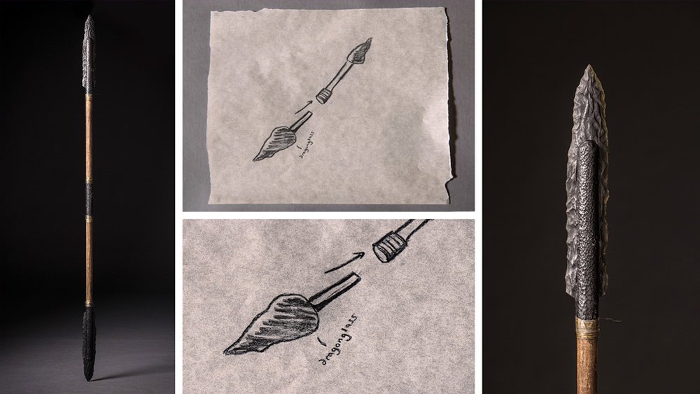 image and sketch of Arya’s Dragonglass Spear from the HBO - Making Game of Thrones website